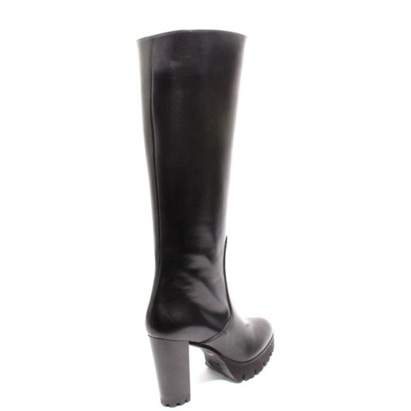 Italian Black Leather Zip Knee High Platform Heel Boots - Picture 4 of 8